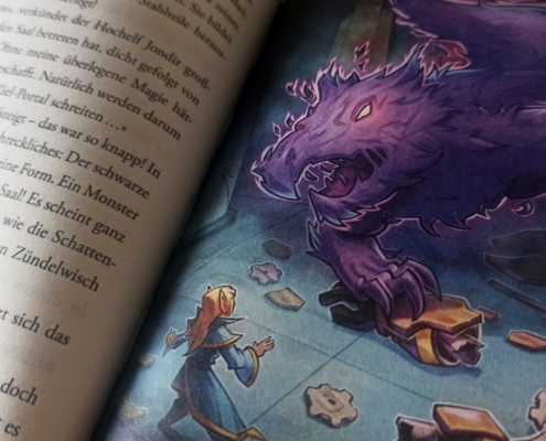 Seite aus Zauberakademie Siebenstein: Ein kolossaler lila Drache illustriert von Phillip Ach